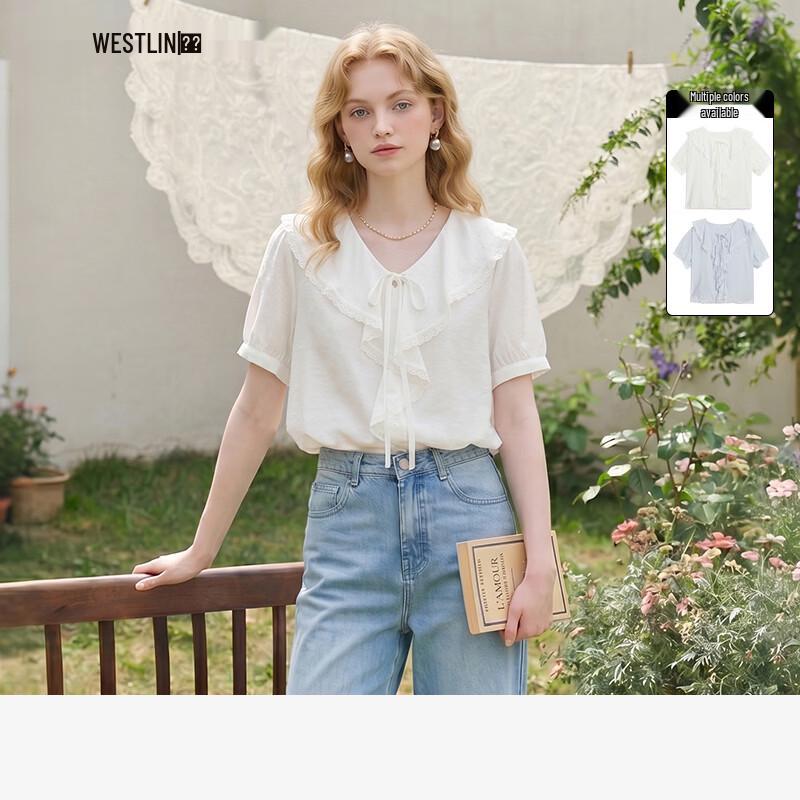 Westlink Women s French Ruffle Lace Short Sleeve Shirt M белый