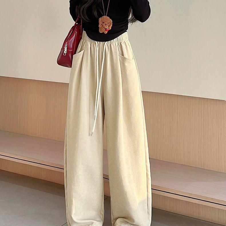 Lazy Style Milk Mousse Cloud Pants for Women Spring Loose Slim Drawstring Casual Versatile Floor Wide Leg Pants