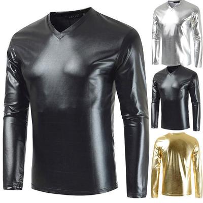 Camiseta Masculina Decote V Brilhante Manga Longa Cor Sólida