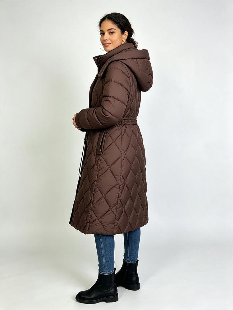 Women's Mid-Length Over-the-Knee Padded Coat, Stand Collar Hooded with Elastic Waist, Slim Fit, Warm Cold-Proof Winter Outerwear