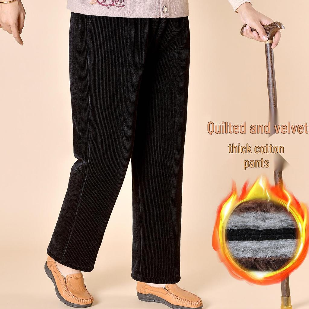 Corduroy Winter Velvet-Lined Trousers for Women - Warm, Straight-Leg, Ideal for Elderly and Middle-Aged.