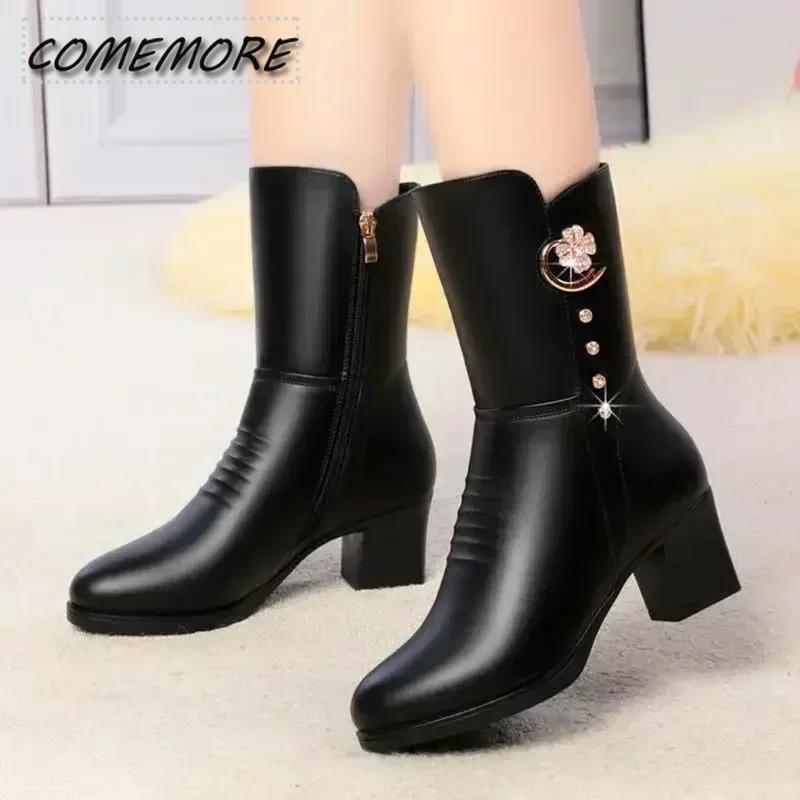 Soft Leather Ankle Boots for Women Spring Winter with Plush Warm Side Zipper Round Toe High Heel Lady Boots Casual Mom Shoes PU