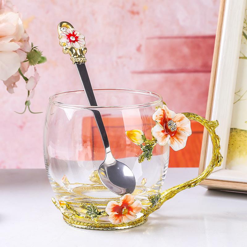 Enamel Color Flower Teacup Household Glass Afternoon Tea Water Cup Light Luxury Crystal Cup High Temperature Resistant Cup