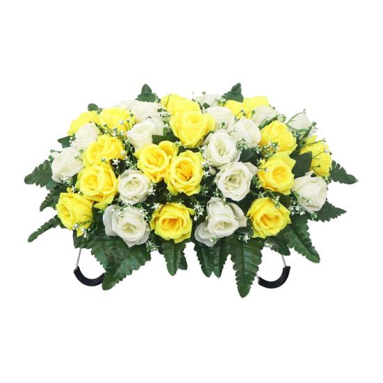 

Artificial Cemetery Headstone Flower Saddle 34-Head Realistic UV-Resistant Fake Silk Rose Outdoor Tombstone Memorial Flower Decoration