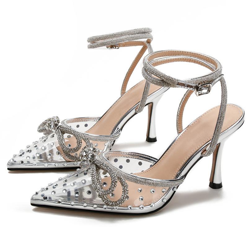 Huizhou New Rhinestone Transparent High-heeled Sandals Women's Thin Heels Pointed European and American High-heeled Shoes with Baotou Foreign Trade