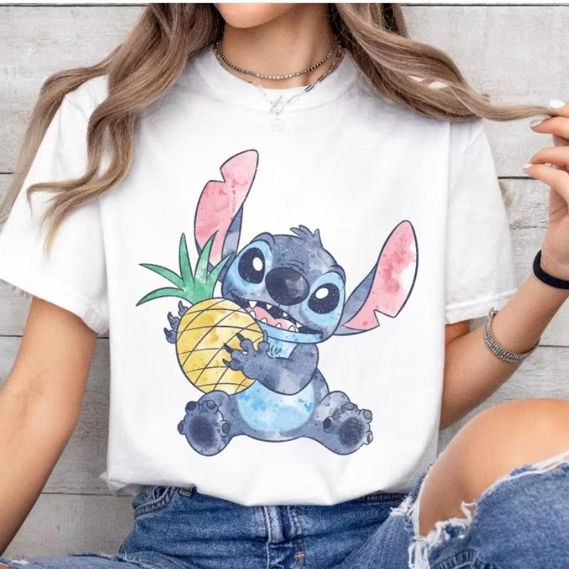 

2026 New Lilo Stitch Pineapple Magic Kingdom Print Womens TShirt Short Sleeve ONeck Loose Plus Size Top S
