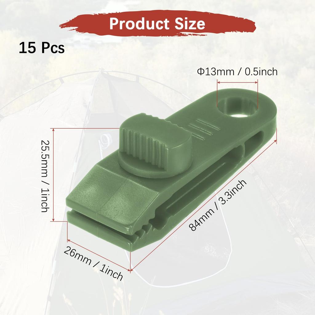 TIXIPEM Tarp Clips Heavy Duty Rock Clips [15pcs] - For Use with Camping Tarps, Awnings, Covers, Pool Covers, Boat Covers, Etc. - [Army Green - 3.3 Inc