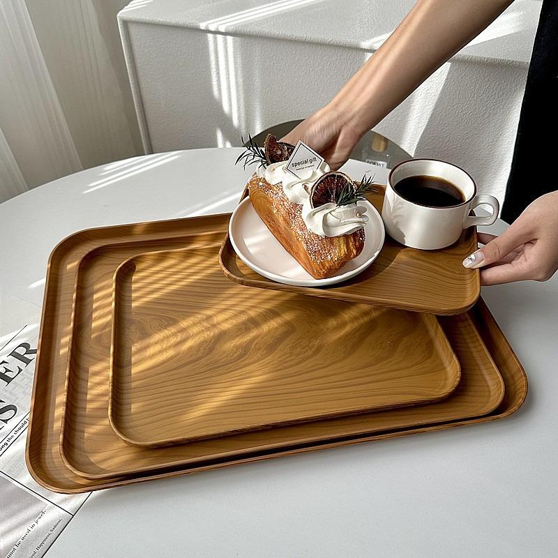 Plastic Serving Tray Home Tea Fruit Dessert Tray Wooden Pattern Plastic Food Cooking Storage Tableware Plate Tray Kitchenware