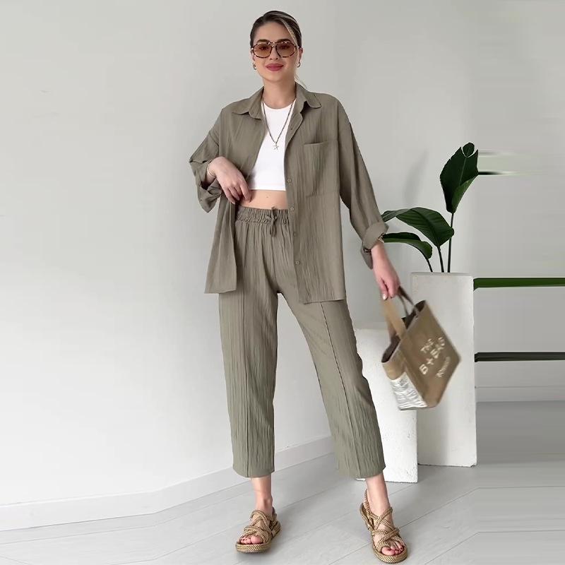 

2024 Осень Европейский и американский женский однотонный комплект из рубашки и длинных брюк, повседневный универсальный костюм-двойка M