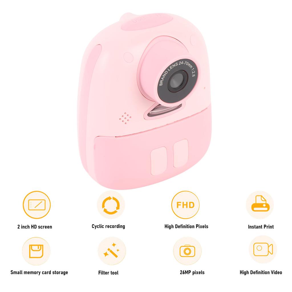 Print Digital Camera 26MP HD 2 Inch Screen Cute Portable Camera with LED Light 32G Memory Card for Birthday Xmas Gifts