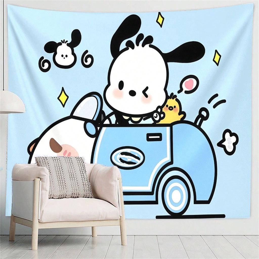 Pochacco Cartoon Car Tapestry Kawaii Sanrio Character Print Cute Blue Wall Hanging for Kids Bedroom  Dorm Room