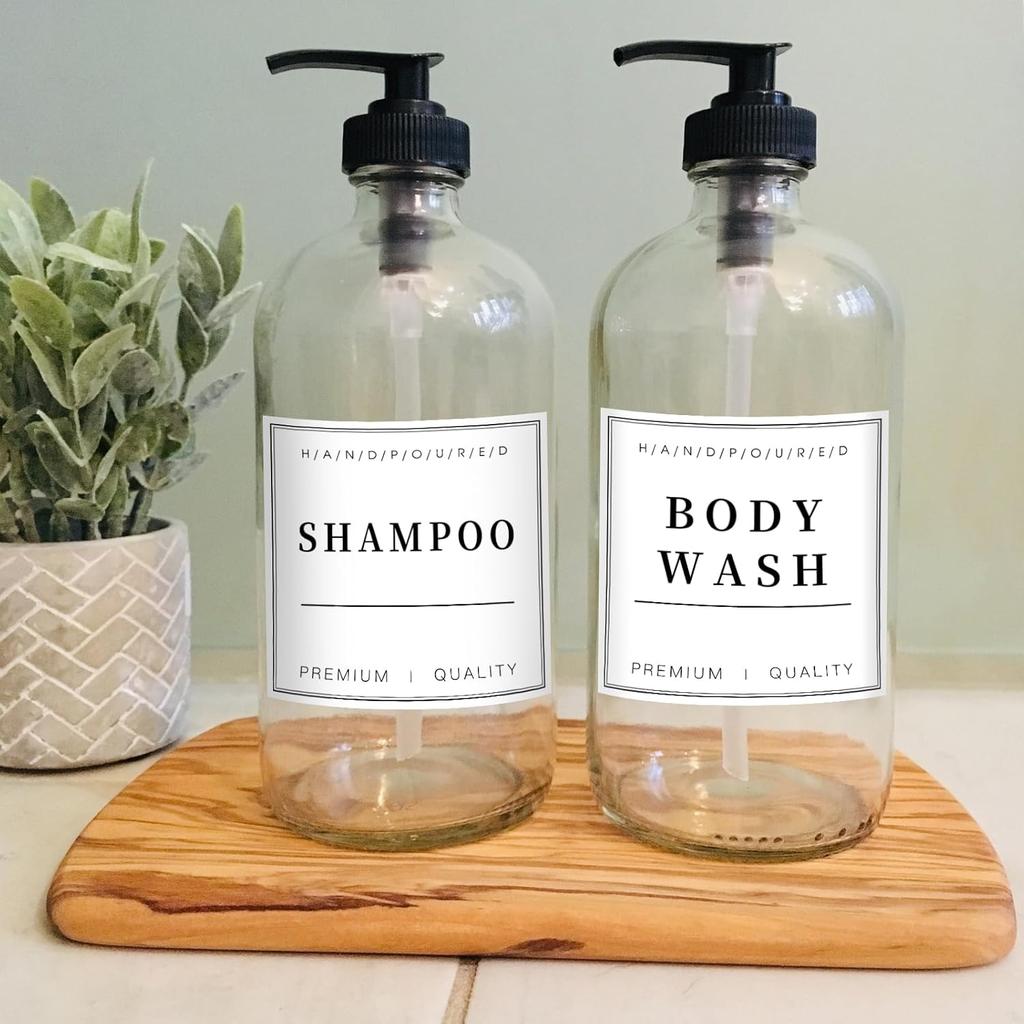 TESWEY 12PCS Bathroom Organization Labels, Waterproof Soap Dispenser Label Stickers for Glass/Plastic Bottles, Removable Cleaning Labels for Body