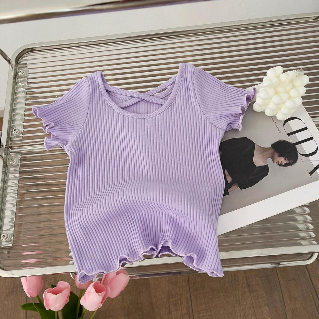 Girls Fashion Back Cross Short Sleeve T-shirt Summer Kids Solid Color Casual Top