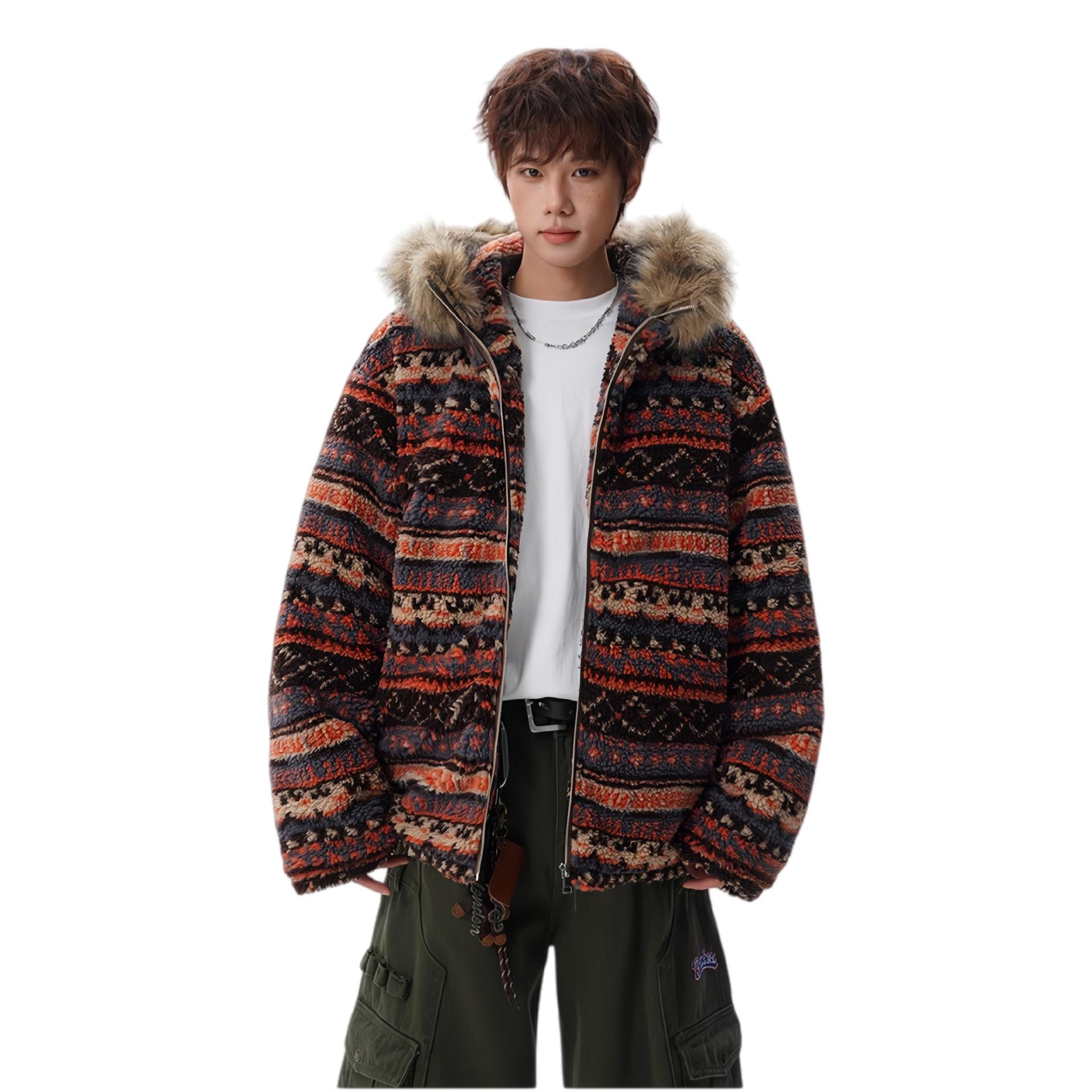Men s Winter Fair Isle Hooded Cotton Jacket with Fur Collar - Thick, Warm  Casual for Couples L красный