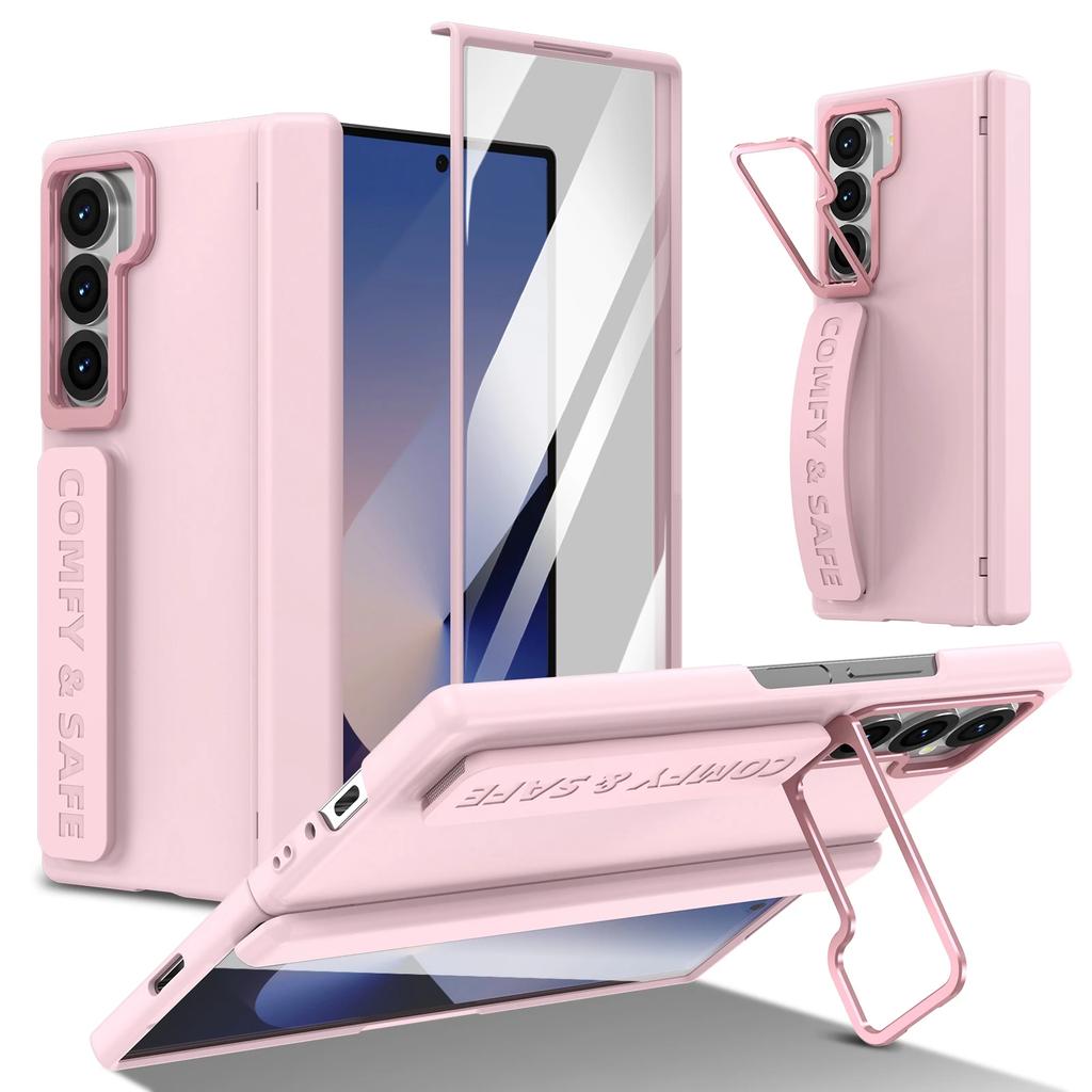 Wristband Holder Leather Case for Samsung Galaxy Z Fold 8 Ultra 7 6 5 4 3 Metal Lens Stand Screen Glass Film Protection Cover