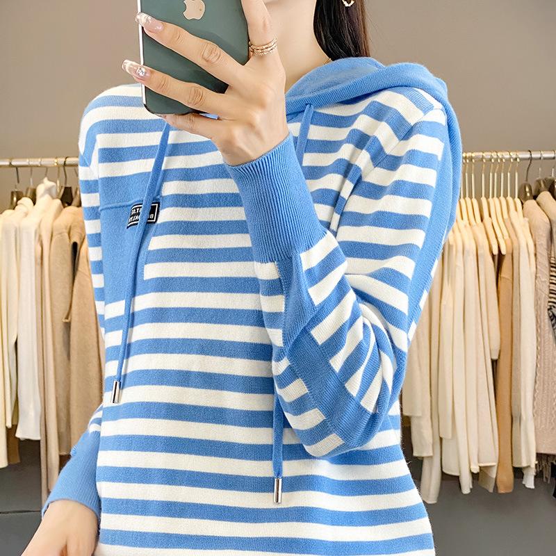 2024 Autumn Korean Chic Women's Striped Knit Hooded Sweater