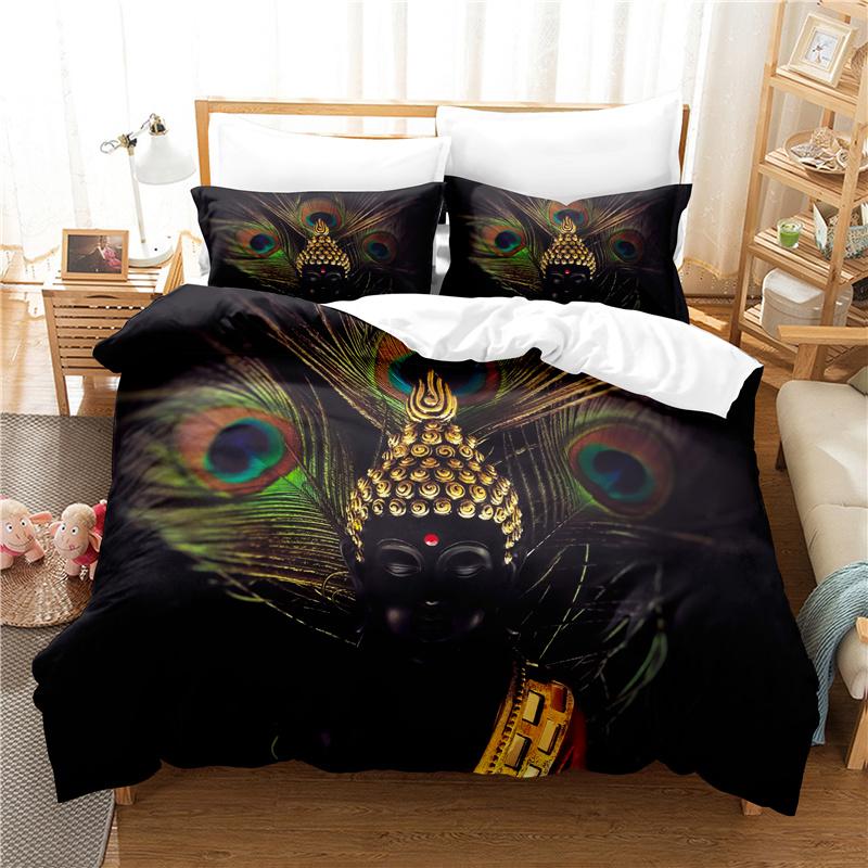 Buddha Statue Duvet Cover Set 3D Digital Printing Gold Queen King Size Bedding Set For Kids Boys Girls Polyester Comforter Set