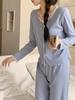 Korean Style Sweet Pajama Set for Girls: Cardigan Long Sleeve with Chest Pads, Wear Outside, Spring/Autumn Casual.