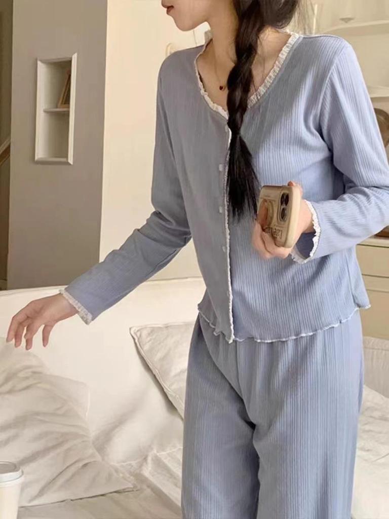 Korean Style Sweet Pajama Set for Girls: Cardigan Long Sleeve with Chest Pads, Wear Outside, Spring/Autumn Casual.