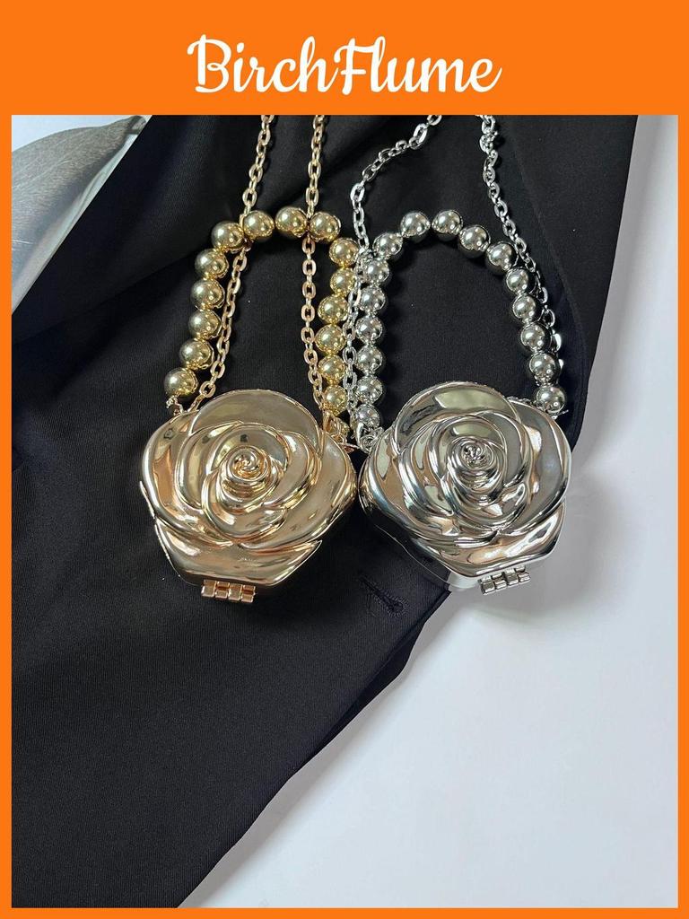 Metallic Rose Flower Mini Box Bag With Magnetic Closure For Daily Fashion Accessories