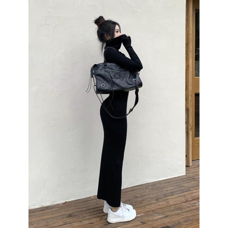 

Stunning high-end long black inner slim-fitting and thin bottom sweater skirt high-necked knitted dress women s autumn and winter XL чёрный