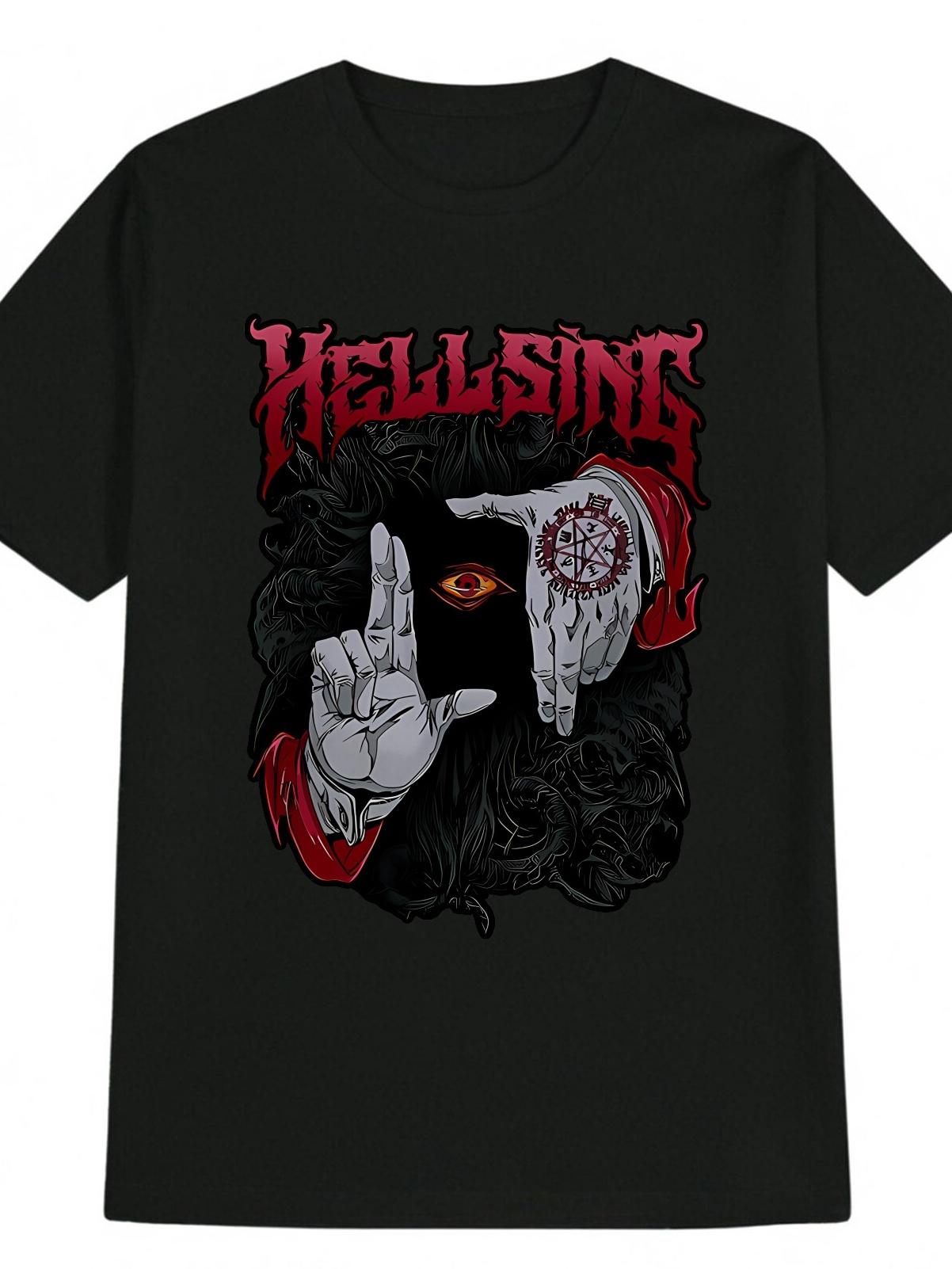 Casual Crew Neck T-shirt with Hellsing Graphic Design - Black S
