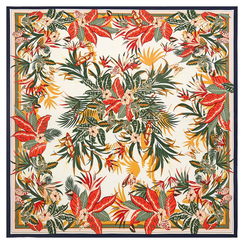 POBING Silk Scarf Women Large Shawls Floral Plant Print Stoles Square Bandana Luxury Kerchief Hijab Scarf Female Foulards 130CM