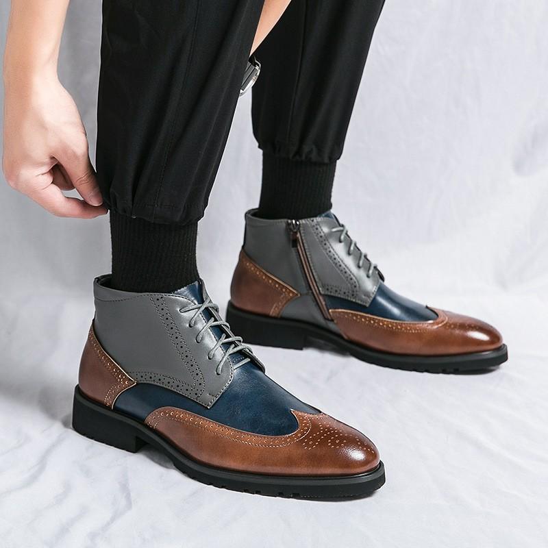 Mens High-Top Casual Brogue Shoes In Color-Block Design PU Leather Round Toe Lace-Up Size 38-44