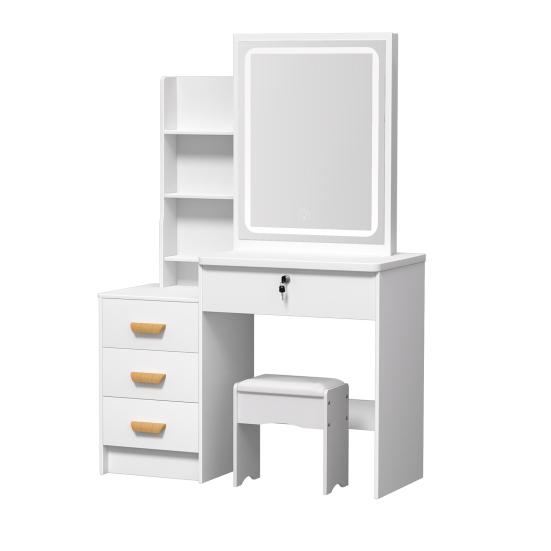 Makeup Vanity Desk with LED Lighted Mirror, Vanity Table with 4 Drawers and Opening Shelves, Bedroom Dressing Table with Stool