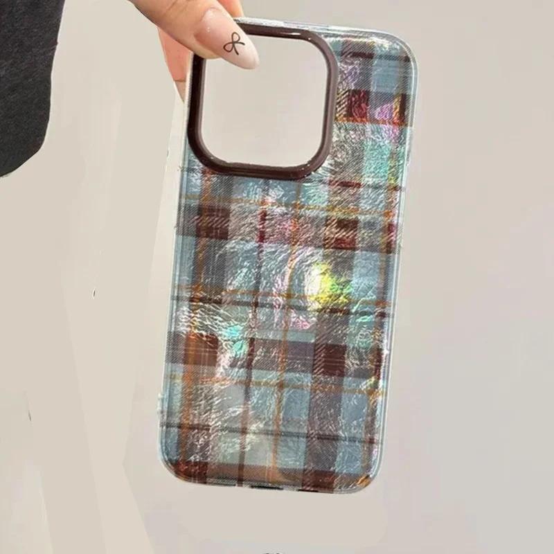 Dopamine Color Block Match Plaid Phone Case For iPhone 16E 16 15 14 13 12 11 Pro Max XS XR X SE2 7 8 Plus Grid Label Matte Cover