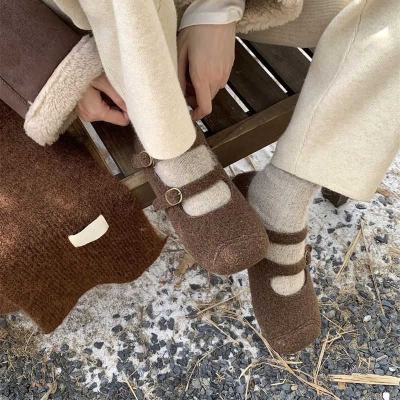 Fashion IPPEUM Women Mary Janes Shoes Winter Ballet Flats Plush Buckle Ballerinas Zapatos Mujer