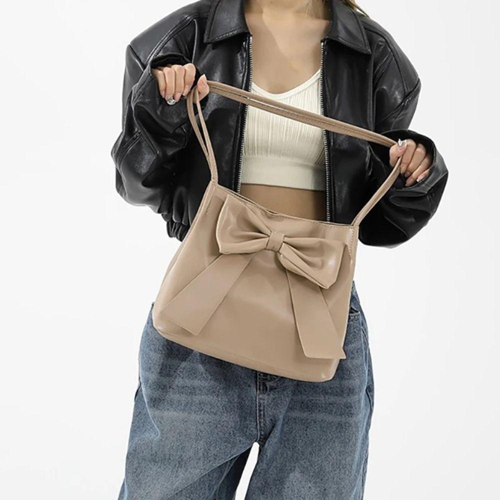 Solid Color INS Tote Bag Bucket Bag Fashion Underarm Bag Simple PU Bow Shoulder Bag  Women
