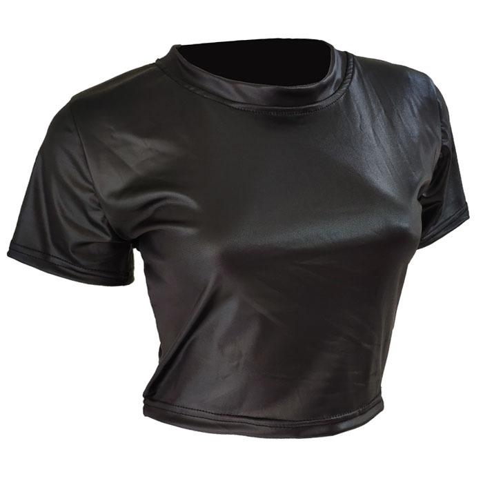 Faux Leather 4-color T-shirt Sexy Backless Short Tops