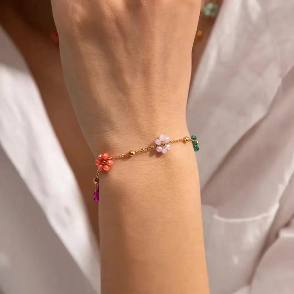 Colorful Flower Chain Stainless Steel Necklace Bracelet Set Plating Waterproof Zircon For Ins Exquisite Zircon