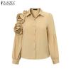 ZANZEA Women Turn Down Collar Casual 3D Flowers Splice Long Sleeve Blouse