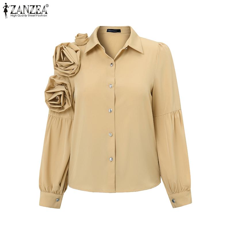 ZANZEA Women Turn Down Collar Casual 3D Flowers Splice Long Sleeve Blouse