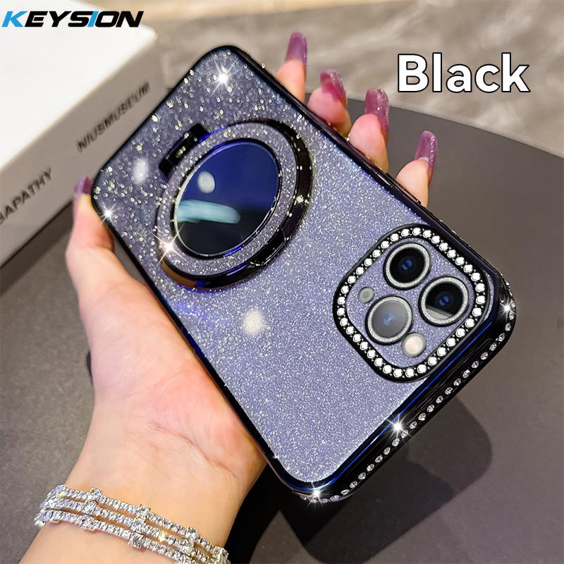 KEYSION Luxury Glitter Jewelled Magnetic Phone Case for iPhone 11 12 Pro Max Makeup Mirror Ring Stand Shockproof Back Cover