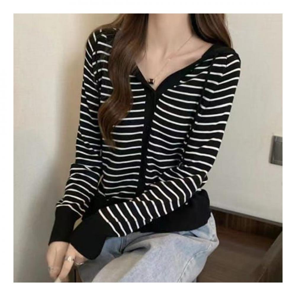 Navava Nk2309 Striped Long Sleeve Hooded Knit Cardigan