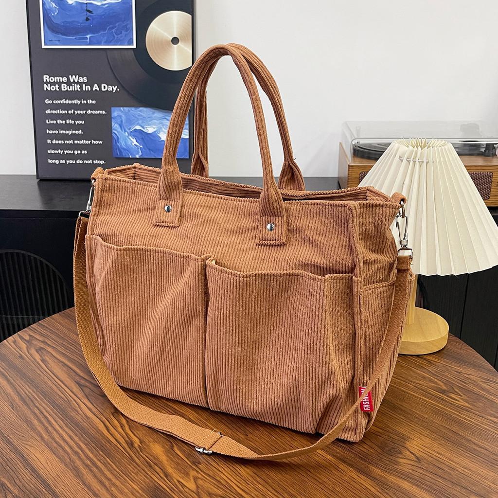 Corduroy Shoulder Tote Bag For Women Large Capacity With Zipper Closure For Daily Use