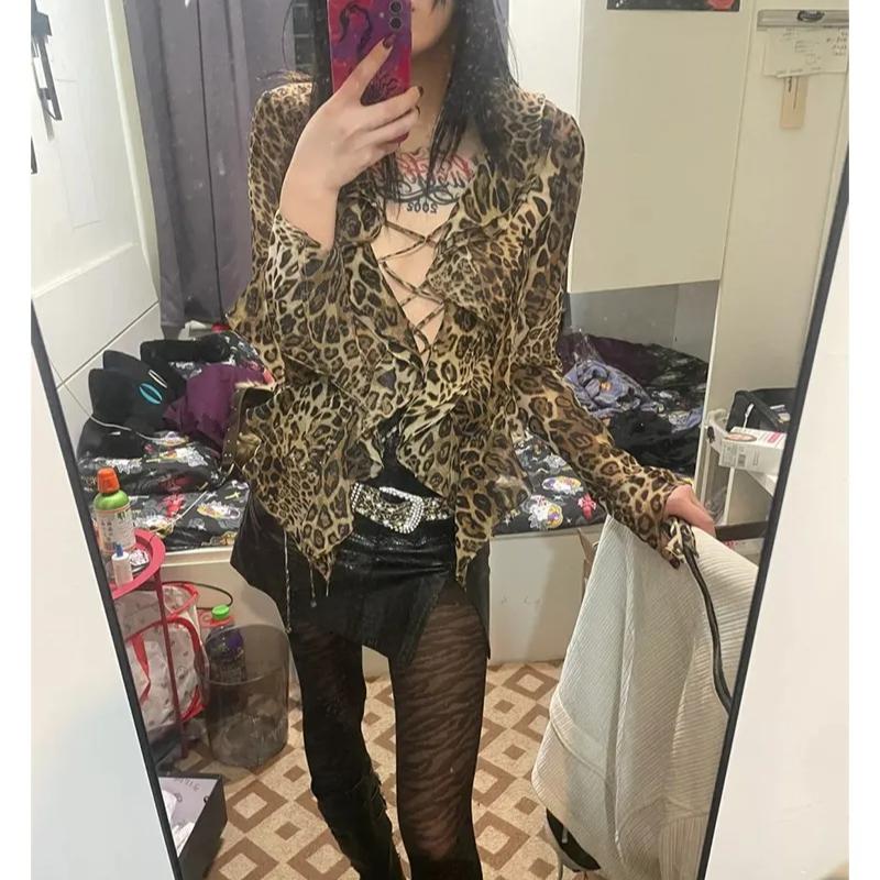 VAYLA Japanese Y2k Leopard Print Shirt Vintage Harajuku Ruffled Blouses Grunge Aesthetics V-neck Irregular Shirt Trashy 90s