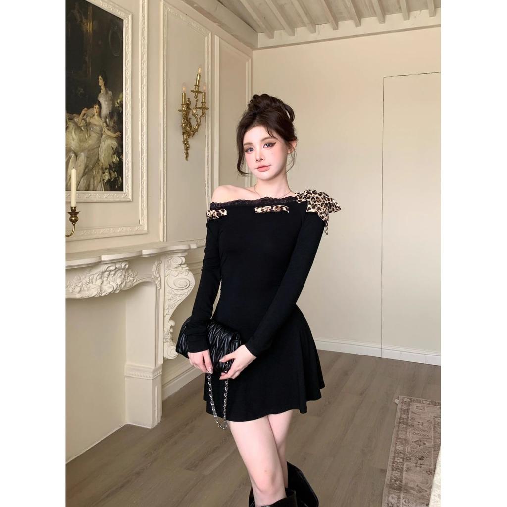 Toamna Dantela Imprimare Leopard Design Sense Maneca lunga Cusatura diagonala Umar Negru Rochie Pure Desire Talie American Spice Girl Rochii scurte