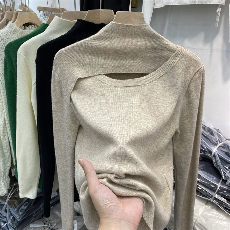 Fashion Hollow Out Half High Neck Knit Women's Long Sleeve Top Slim Fit Sweater