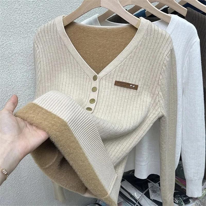 Thicken Warm Plus Velvet Winter Sweaters Women Casual V-neck Button Decoration Design Basic Solid Knit Pullover Bottomed Jumpers