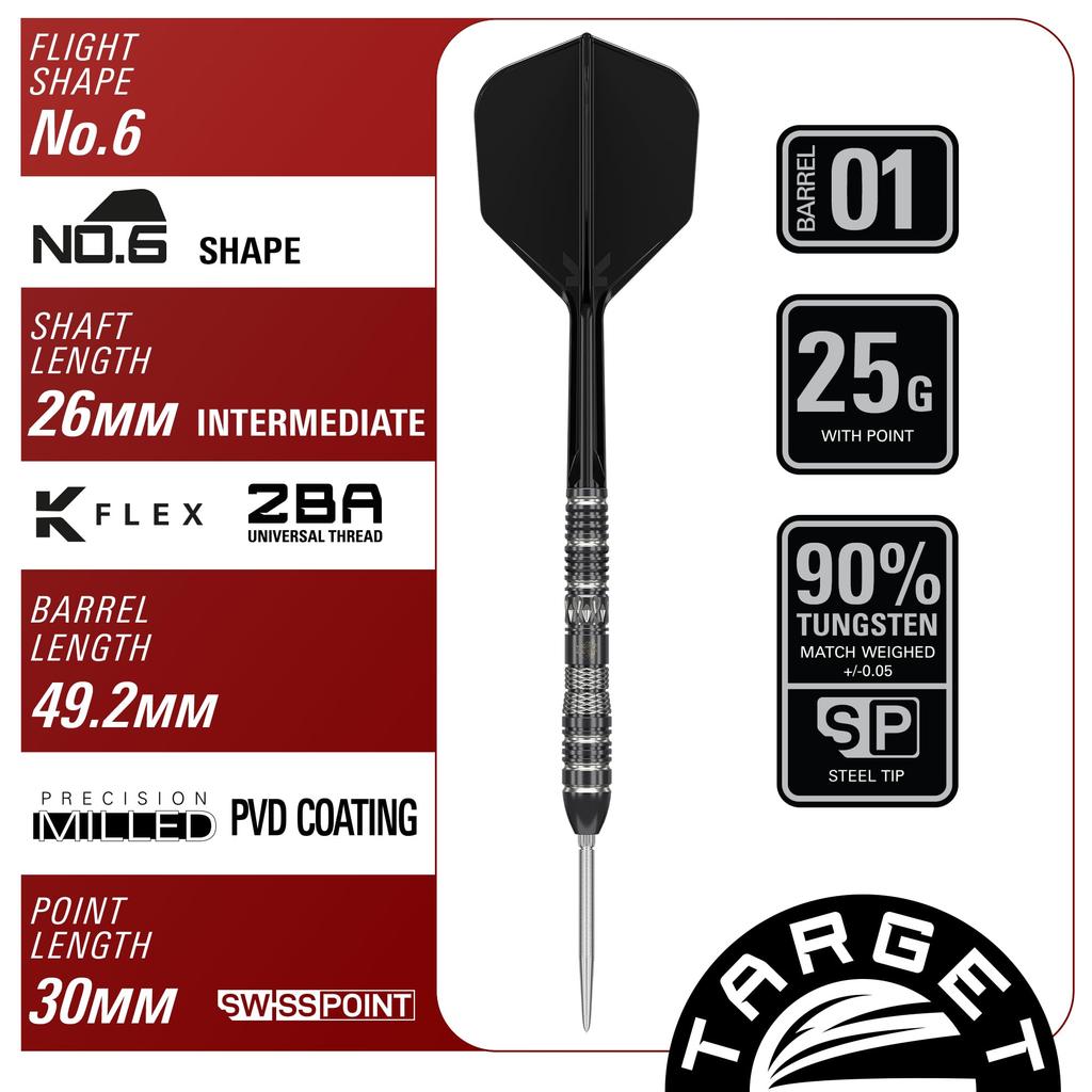 Target Japan BLACK MARQUE DRAGON 3.0 Leslie Lee 90% Tungsten Steel Tip Darts Set, 25g, K-Flex No. 6 Shape Flights and Shafts, SWISS SILVER N