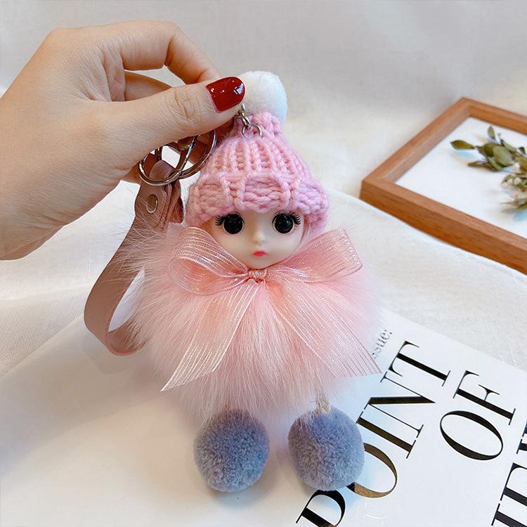 Pompom Sleeping Doll Keychain Cute Fluffy Plush Doll Keychains Women Girl Bags Keyrings Cars Key Ring Gift Charming Decoration