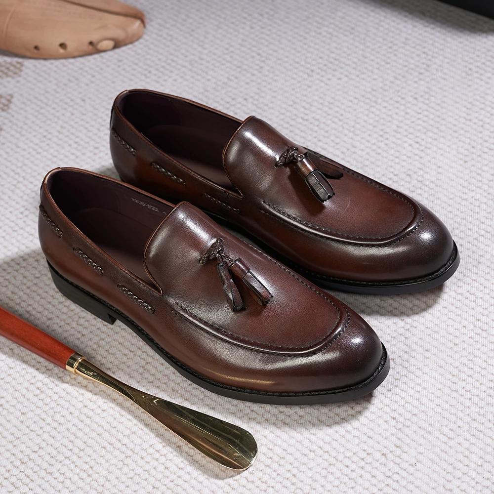 Fashion Classic Men's Genuine Leather Tassel Loafers Handmade Slip-On Casual Shoes Comfortable for Office Wedding Dressing Daily Wear