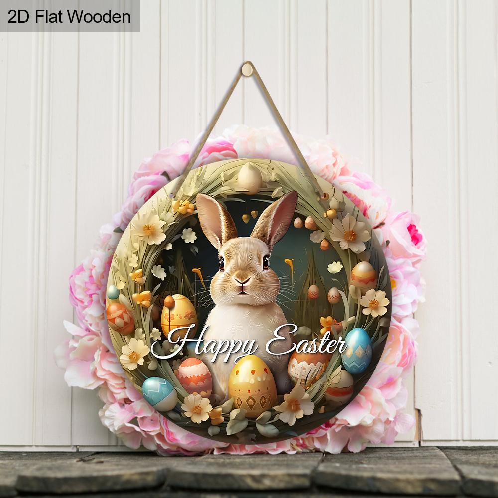 Happy Easter Bunny & Egg Wreath Wooden Sign, Round Front Door Decor, Rustic Spring Wall Hanging - Ideal Easter Gift