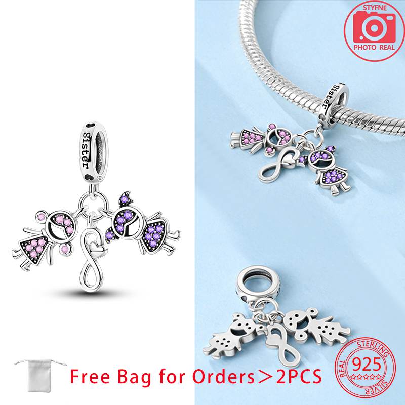 Pink Sister Love Heart Beads Fit Original Charms Copper Bracelets Beads Charms Jewelry Making Fine Jewelry Gift