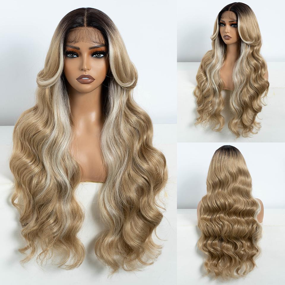 Synthetic Body Wave Lace Front Wigs For Women 28 inch Omber Blonde Black Lace Frontal Wigs Heat Resistant Fiber Cosplay Wig