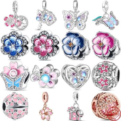 New 925 Silver Pink Flower Dangle Pendant Beads DIY Charms for Women Bracelet Jewelry Handmade Gift